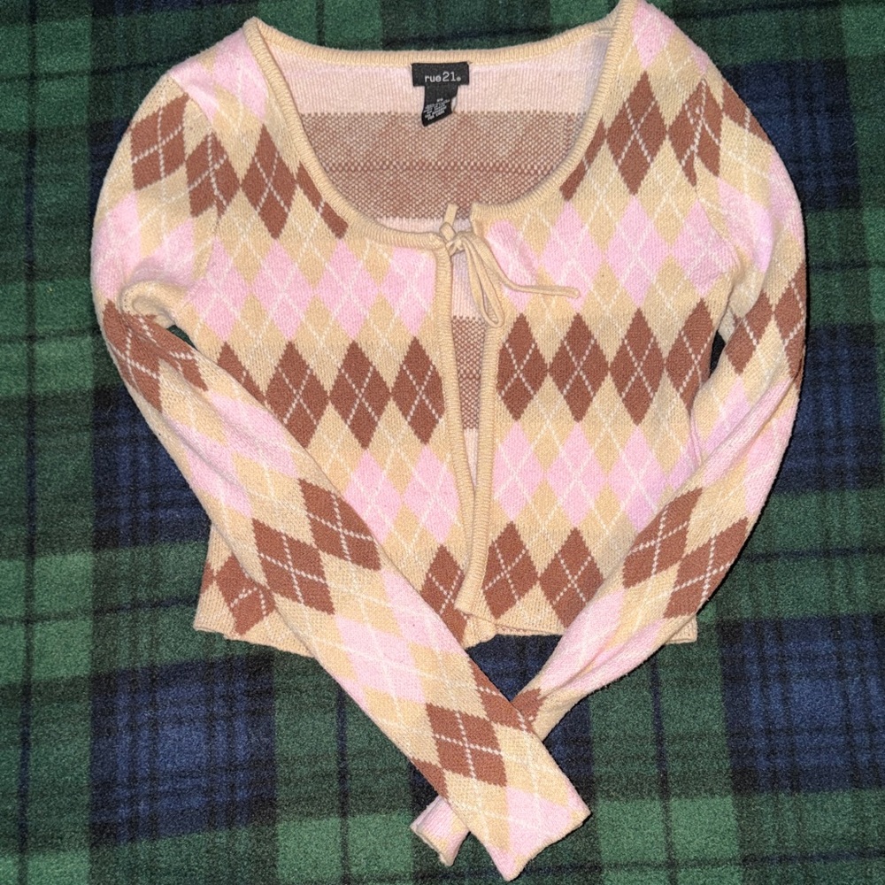 Rue21 Women's Pink and Brown Argyle Cardigan